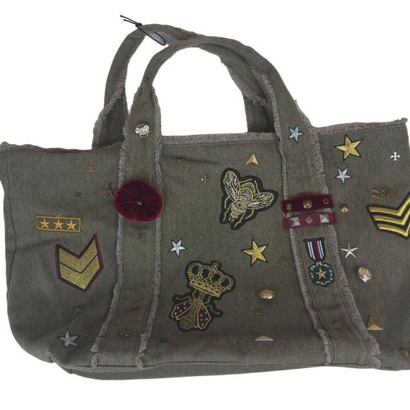 Steve Madden Canvas Military Inspired Tote Bag Patches Green New - Picture 1 of 7